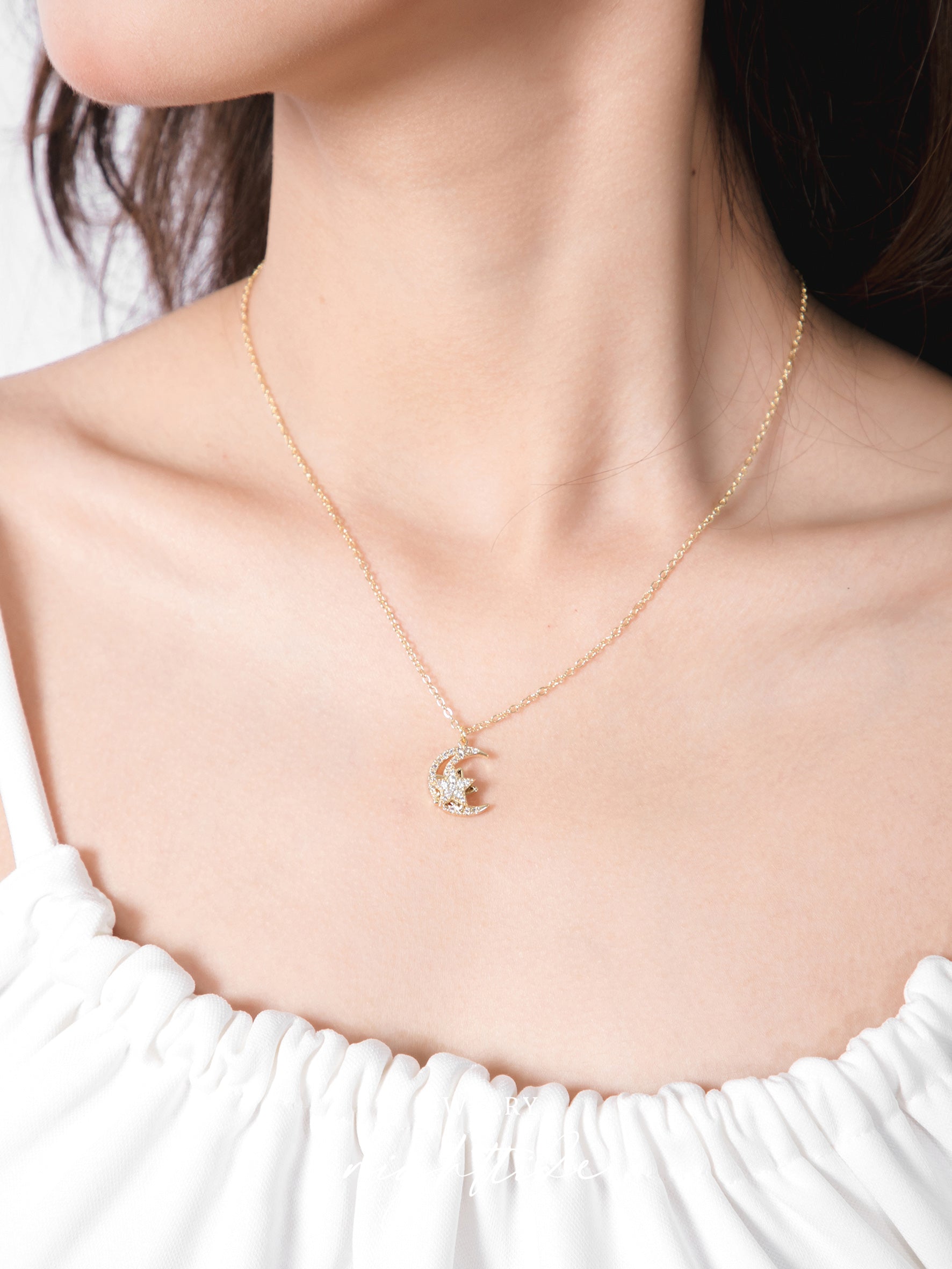 Nighttide Jewelry Star & Moon Zirconia Rotating Necklace NXZ1379